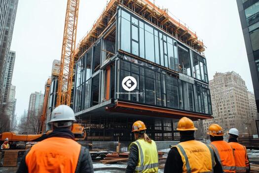 Construction workers standing in front of a building photo