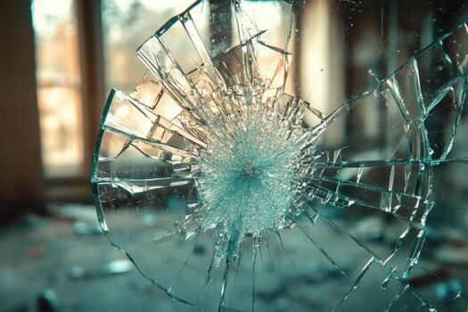 A broken glass window with a shattered glass photo