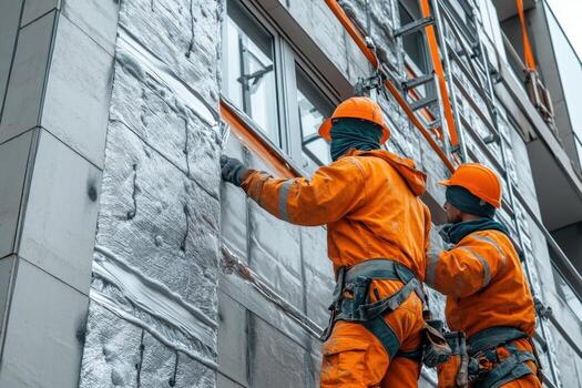 Two workers in orange work clothes on a building photo