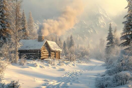 A log cabin in the snow with trees and mountains photo