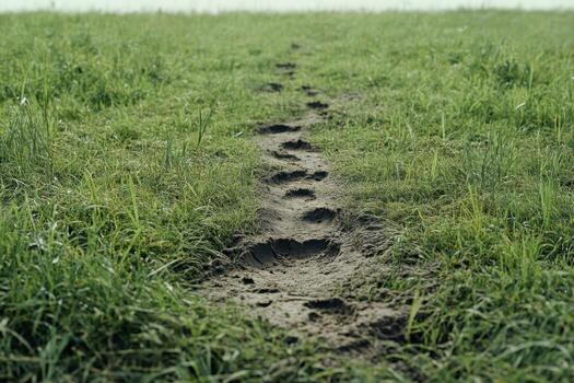 A trail of footprints in a grassy field photo