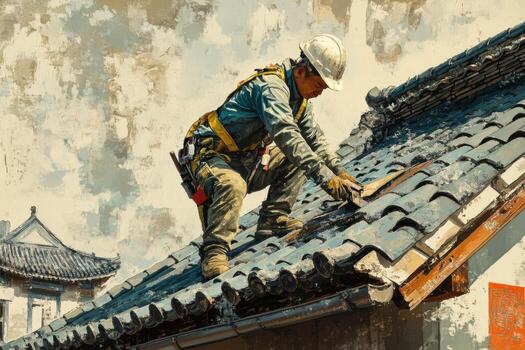 A man is working on a roof with a hammer photo
