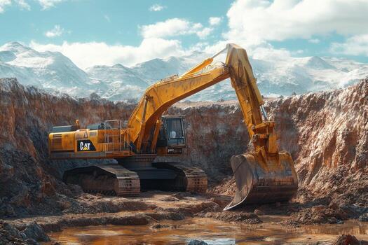 A large excavator is digging into the dirt photo