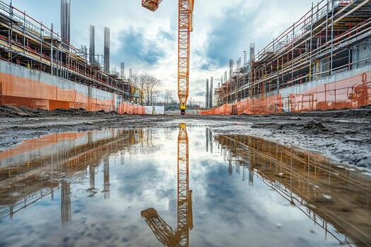 un construcción sitio con un grua y un reflexión foto