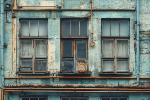 An old building with windows and a toilet photo
