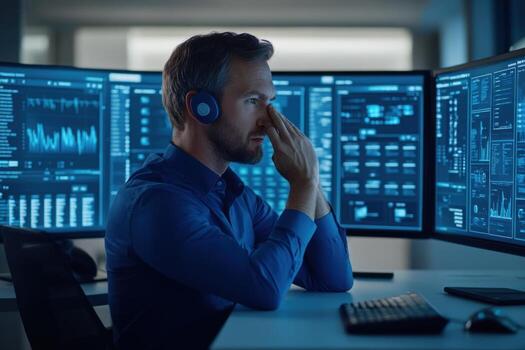 A man sitting at a desk with multiple computer screens photo