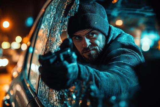 A man in a black hat and jacket is holding a gun photo