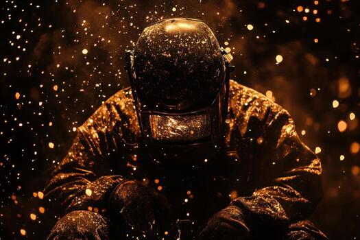 A man in a helmet and protective gear is sitting in the dark photo