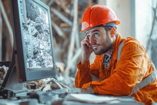 A man in an orange hard hat sitting at a computer photo