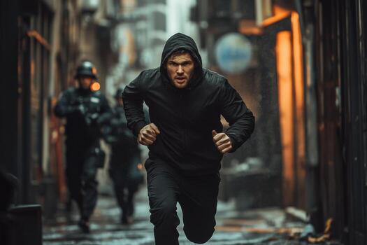 Man in black hoodie running in alleyway photo