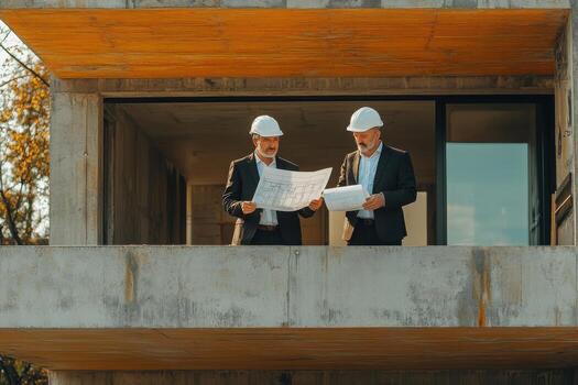 Two men in hard hats standing on a concrete building photo