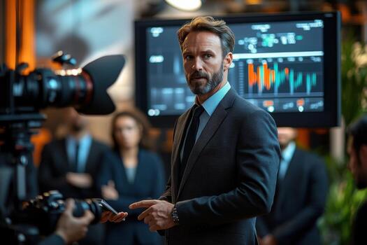 A man in a suit standing in front of a television photo