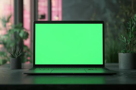 Laptop with green screen on a table with plants photo