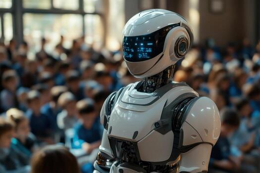 A robot standing in front of a classroom photo