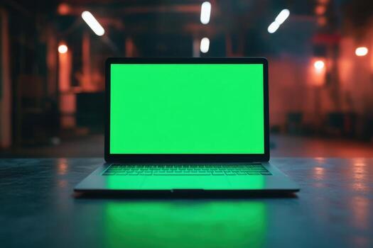 Laptop with green screen on table in dark room photo
