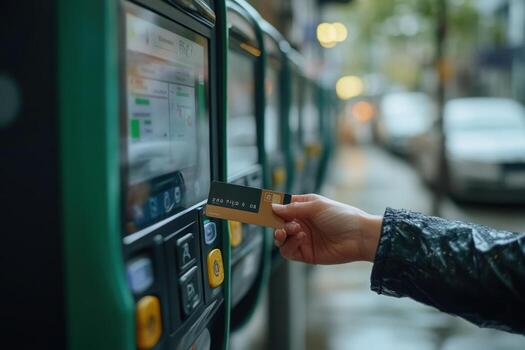 A person holding a credit card at an automated ticket machine photo