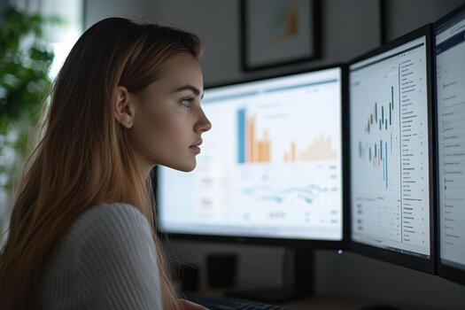 un mujer es mirando a un computadora pantalla con gráficos en eso foto