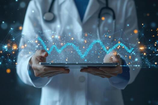 A doctor holding a tablet with a graph and a line of data photo