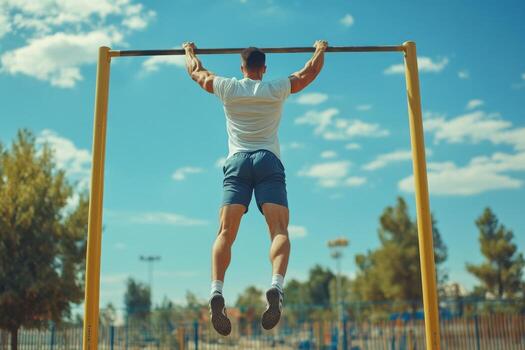 A man is doing pull ups on a bar photo
