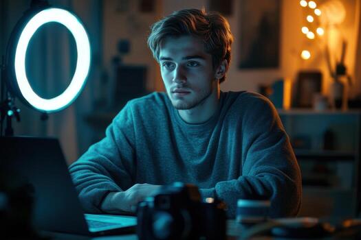 A man sitting at a desk with a laptop and a light ring photo