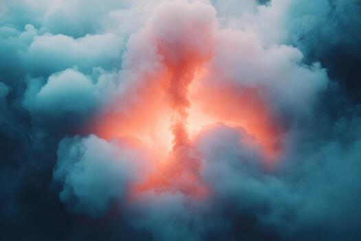 A red and orange cloud with a bright light coming out of it photo