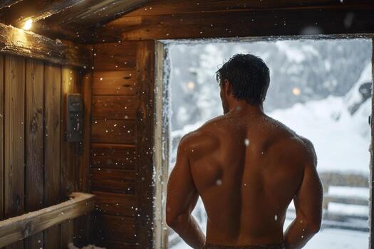 A man standing in a sauna looking out the window photo