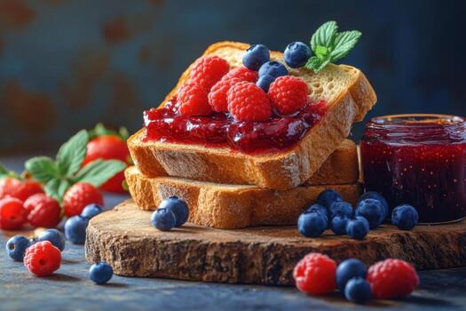 Fresh berries on toast with jam and mint leaves photo