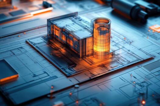 3d rendering of a building with a large chimney photo