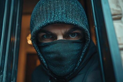 A man in a hoodie and mask looking out the window photo