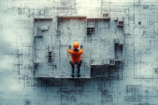 A man standing on top of a blueprint photo