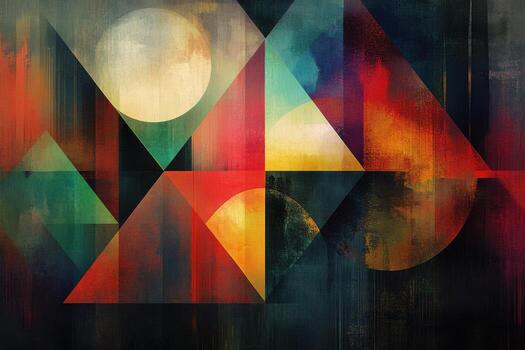 A colorful abstract painting with triangles and circles photo