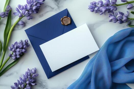 An envelope with a wax seal and a blue scarf on a marble background photo
