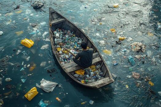 A man sits in a boat filled with plastic garbage photo