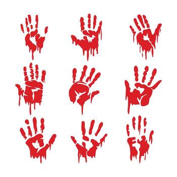 Set of bloody handprints collection isolated on white background, Splattered Blood and Handprints - Forensic Evidence, Red paint splashes. Crime scene. Vampire bite. Halloween decoration element. vector