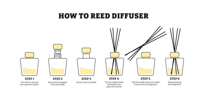 How to reed diffuser step by step instruction infographic poster design, how to use essential aroma oil diffuser with sticks for home fragrance. Perfume air freshener steps , illustration. vector