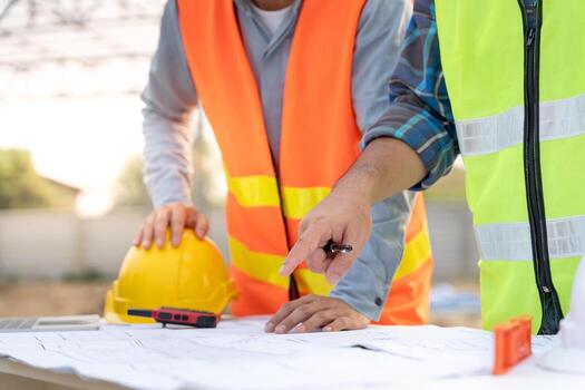 Engineer team discuss check and review the blueprint of construction, Contractor inspection drawing before start project civil. project planning, consulting, architecture. photo