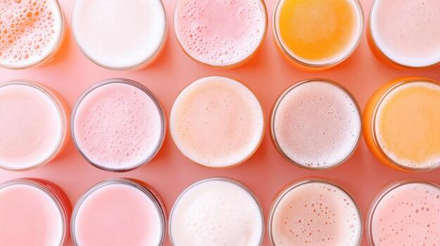 Assortment of Beverages in Glasses. Craft Drinks with Foam. Pink and Orange Drinks on a Light Surface. Overhead View of Refreshing Beverages. photo