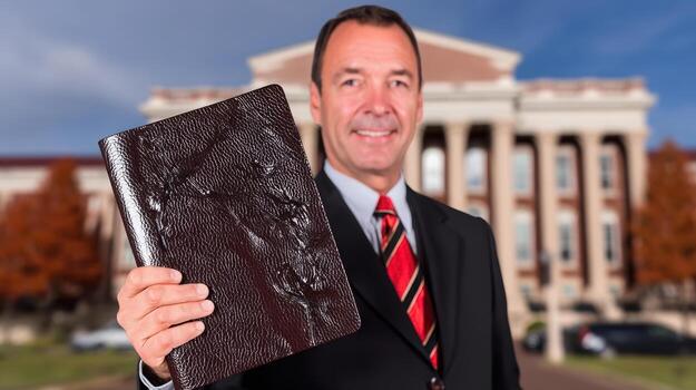 Confident attorney stands in front of courthouse holding leather portfolio scene conveys professionalism and determination with clear blue sky and autumn trees in background photo