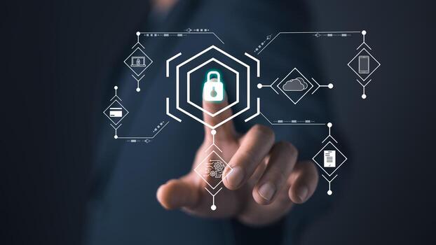 A person interacts with a futuristic interface featuring a glowing lock icon at the center, symbolizing cyber security and management, surrounded by interconnected digital elements and data icons. photo