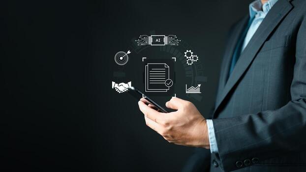 businessman use smartphone while digital icons representing AI, analytics, document, and productivity surround the device, symbol automation, smart data handling, and mobile business intelligence. photo