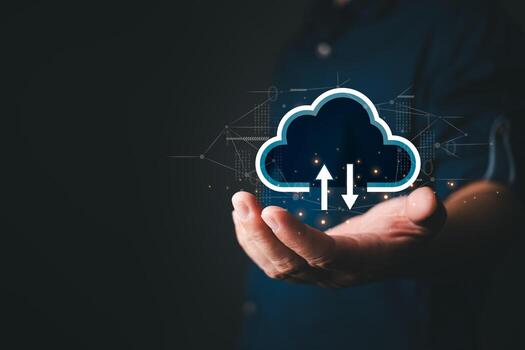 cloud technology system management for uploading,downloading,and transfer data,visualized through a touch cloud computing diagram,data center storage and online digital networking in modern business. photo