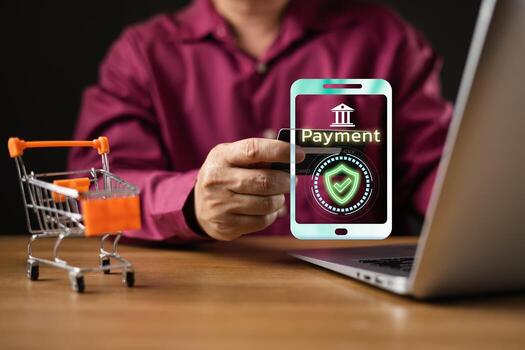 businessman makes a secure online payment using a credit card and a futuristic digital interface on a smartphone, symbol e-commerce, financial technology, and digital transactions for modern shopping. photo