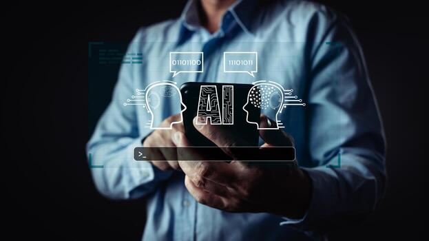 A person interacts with a smartphone, surrounded by digital AI graphics, highlighting technology and communication themes. photo