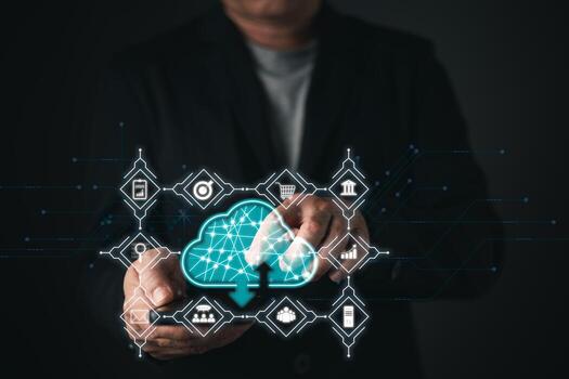 A man touches a cloud computing diagram, symbolizing cloud technology for data storage, secure backup, and networking, highlighting its role in business and internet services. photo