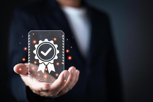 un empresario regalos un brillante digital certificado icono con un marca de verificación y cinta, simbolizando calidad garantía, Certificación, y integridad en un oscuro, futurista ambiente foto