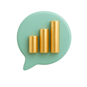 3d d'oro bar grafico dentro Chiacchierare bolla icona astratto attività commerciale comunicazione, sociale media analisi, e dati visualizzazione concetto design png