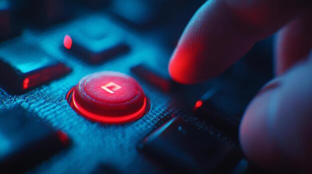 A person is pressing a red button on a computer keyboard photo