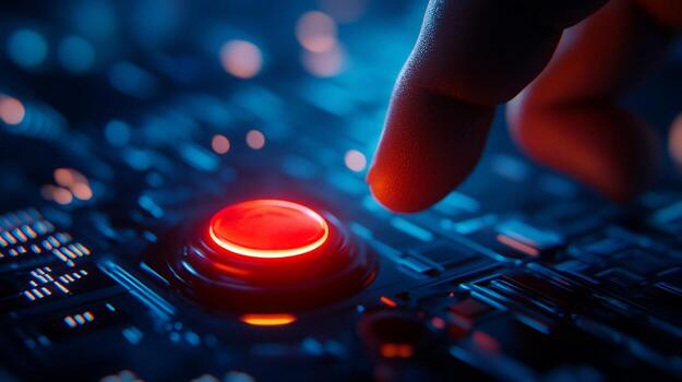 A person is pressing a red button on a computer photo