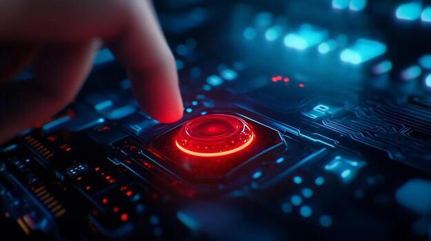 A person pressing a red button on a computer photo