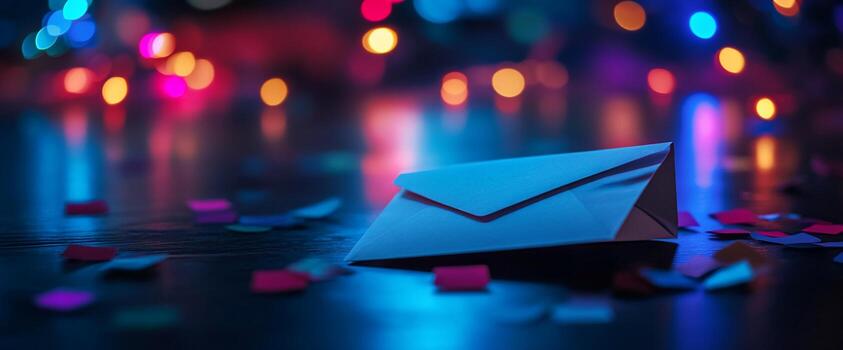 An envelope with a paper on the table with colorful lights photo